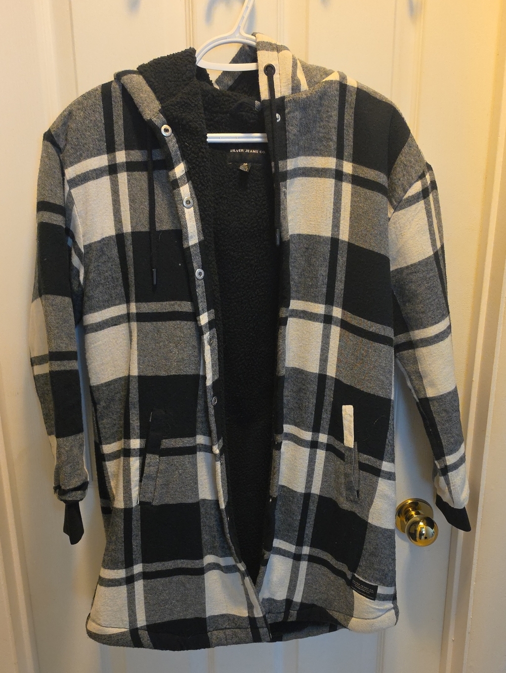 Women's Hooded Plaid Sherpa-Lined Jacket - Black & Cream